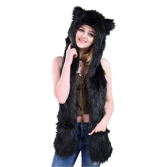 Faux Fur Hat Hood Scarf Full Pockets Ear Flat Cap Hoodie Winter Party Costume main image 4